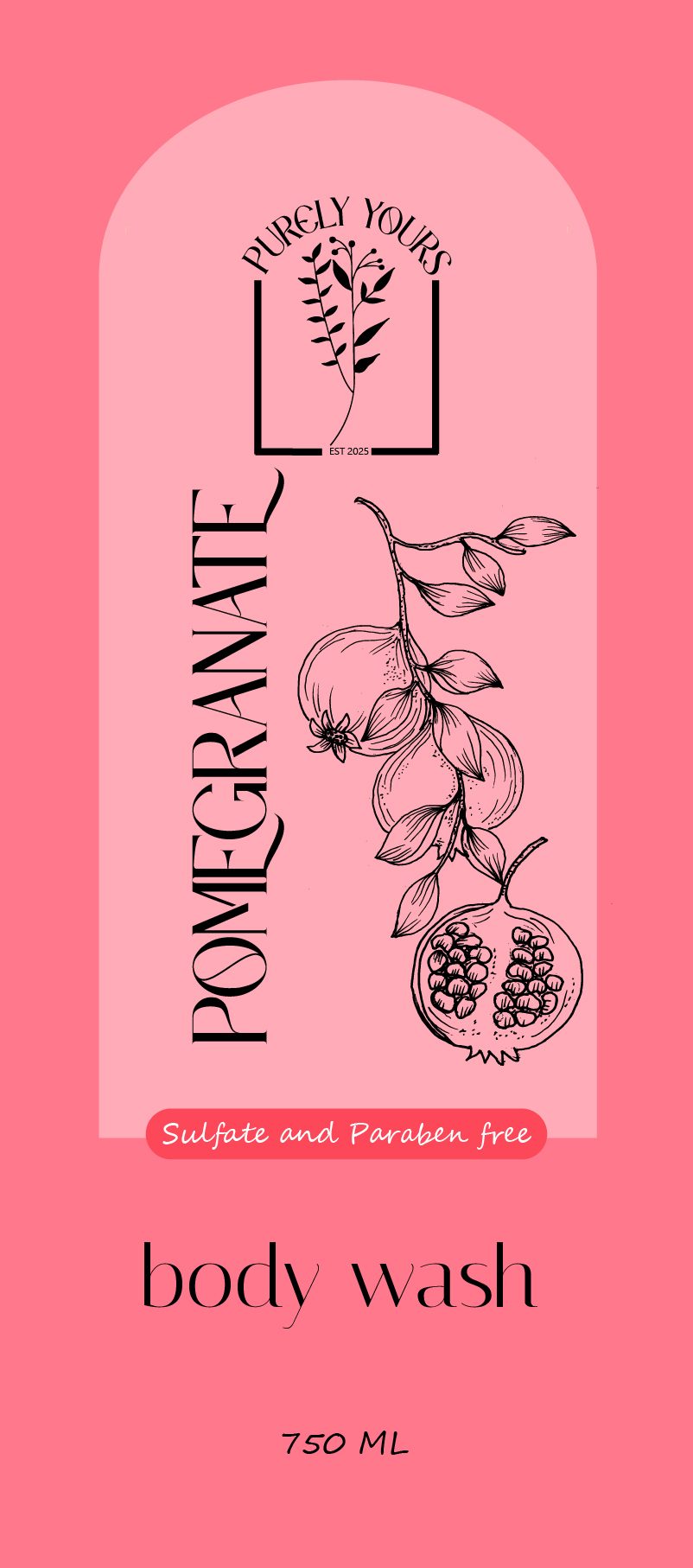 Purely Yours pomegranate body wash label design